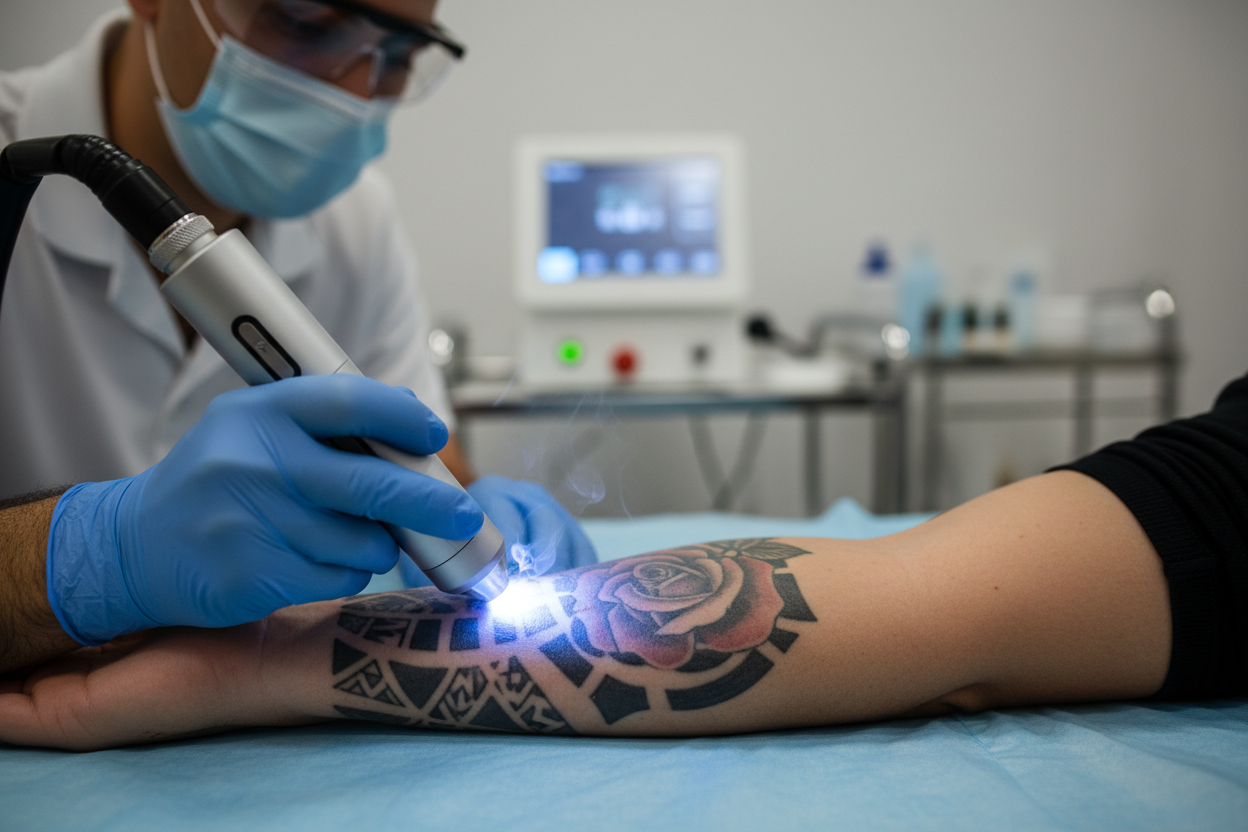zoom at laser tattoo removal treatment on an arm